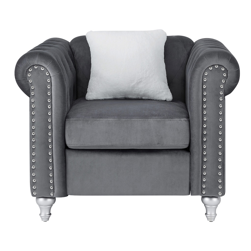 Jeweled Tufted Velvet Accent Chair with Throw Pillow - 38" - Gray