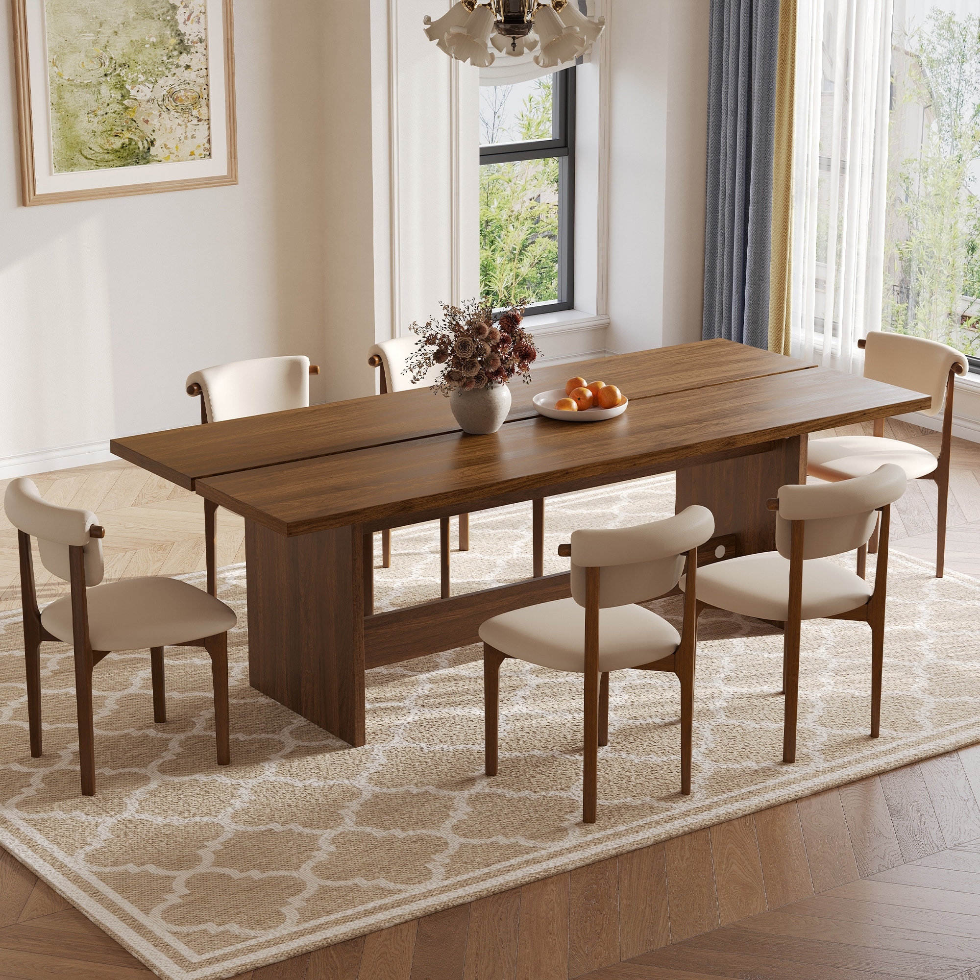 86.7" Mid Century Modern Wood Dining Table, Retangular Brown Wood Kitchen Table for 8-10