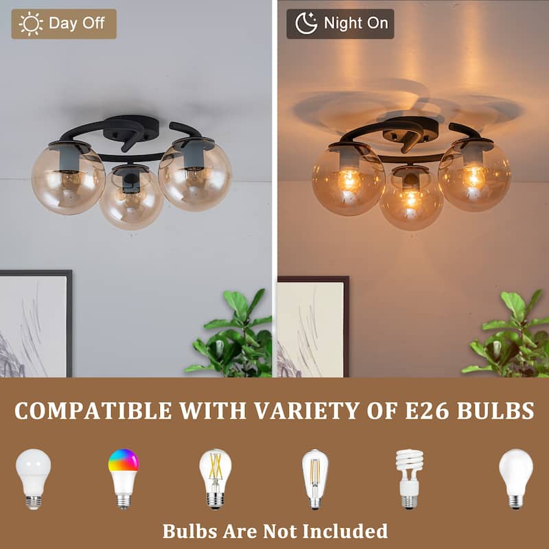 3 Light Matte Black Flush Mount Lighting Industrial with Amber Glass Globes - Dia.16.93-in