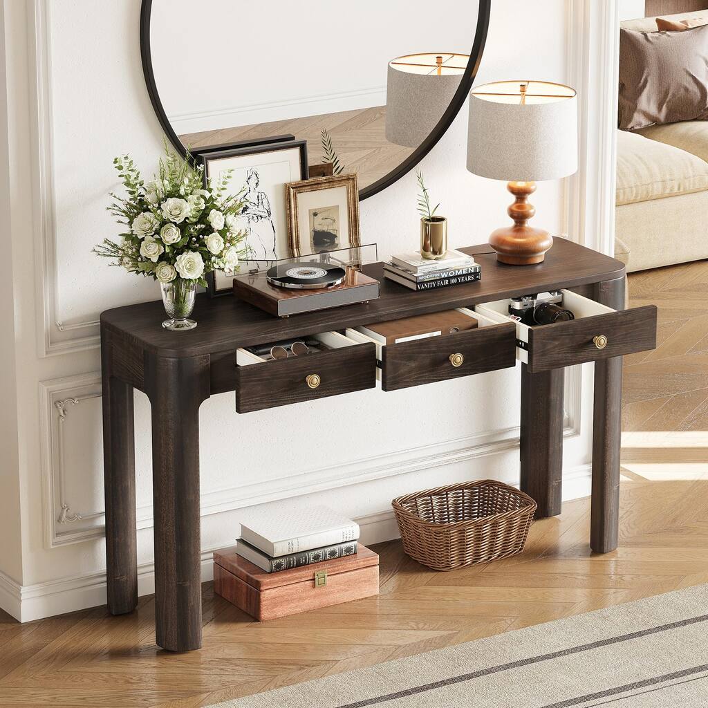 Rustic Console Table with Curved Corners for Safety - Entryway Table with 3 Concealed Drawers