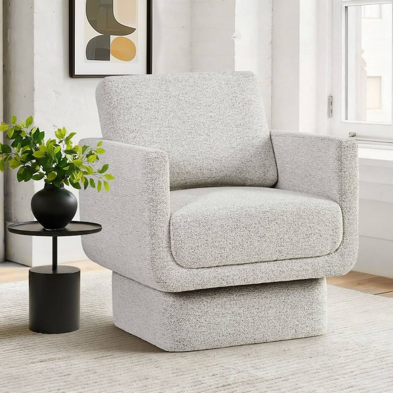 Beige Upholstered Swivel Barrel Accent Chair