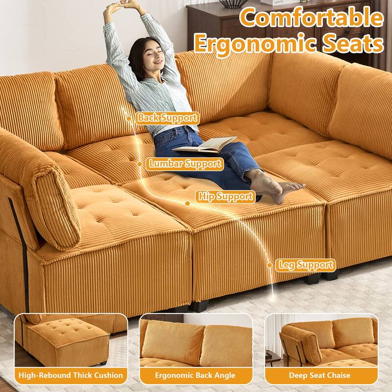 Ergonomic Lounge Modular Couch Corduroy Sectional Sofa with Deep Seat Ottoman Chaise and High-Rebound Thick Cushions