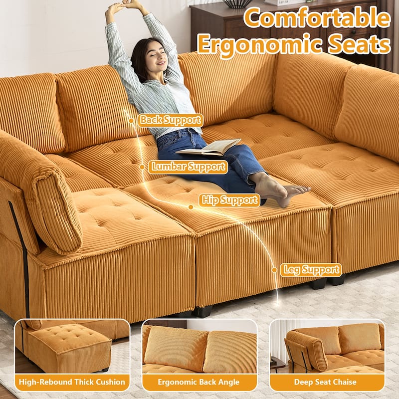 U-Shaped Corduroy Upholstered 6-Seat Convertible Modular Sectional Sofa Fit for Living Room