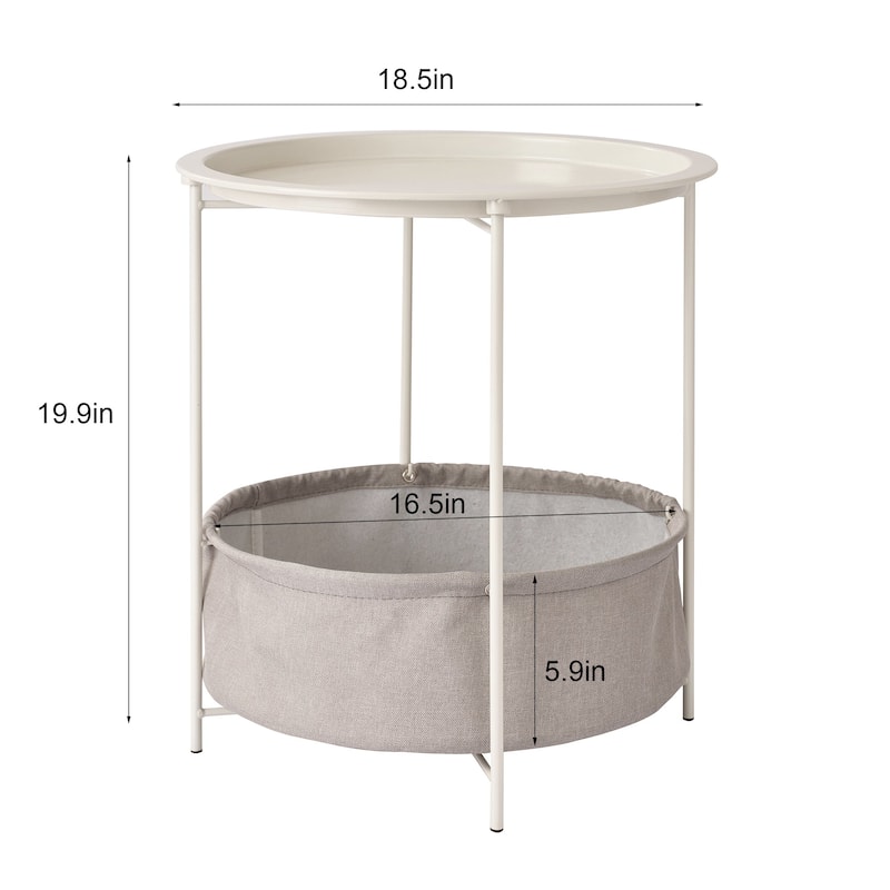 VECELO Small Round Side Table with Removable Tray & Fabric Storage Bin Easy 5-Min Assembly for Living Room Bedroom