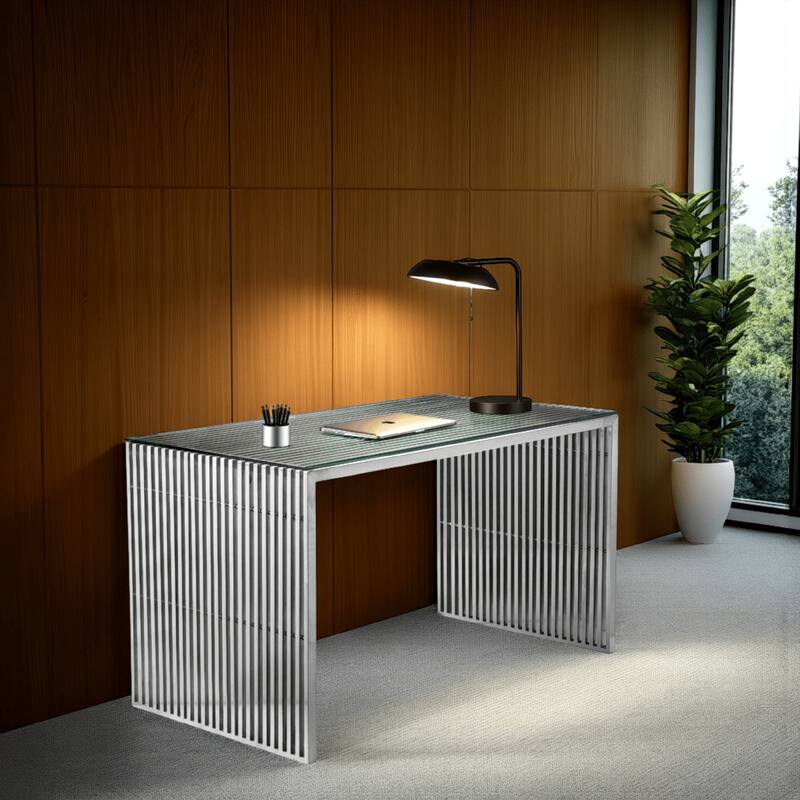 Meza 59 Inch Office Desk, Glass Top, Waterfall Slatted Panel, Silver Finish