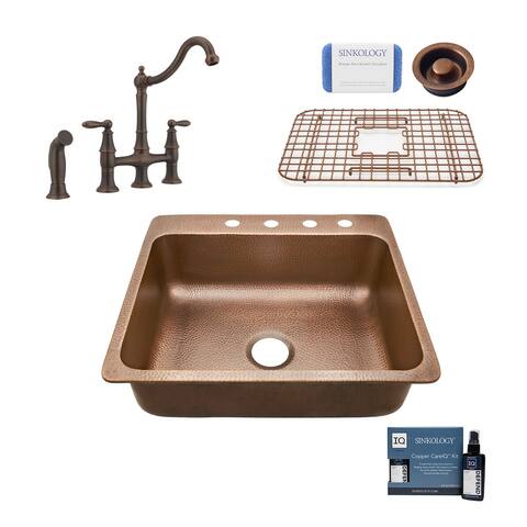 Rosa 25" Drop-in Copper Kitchen Sink with Bridge Faucet and Disposal Drain