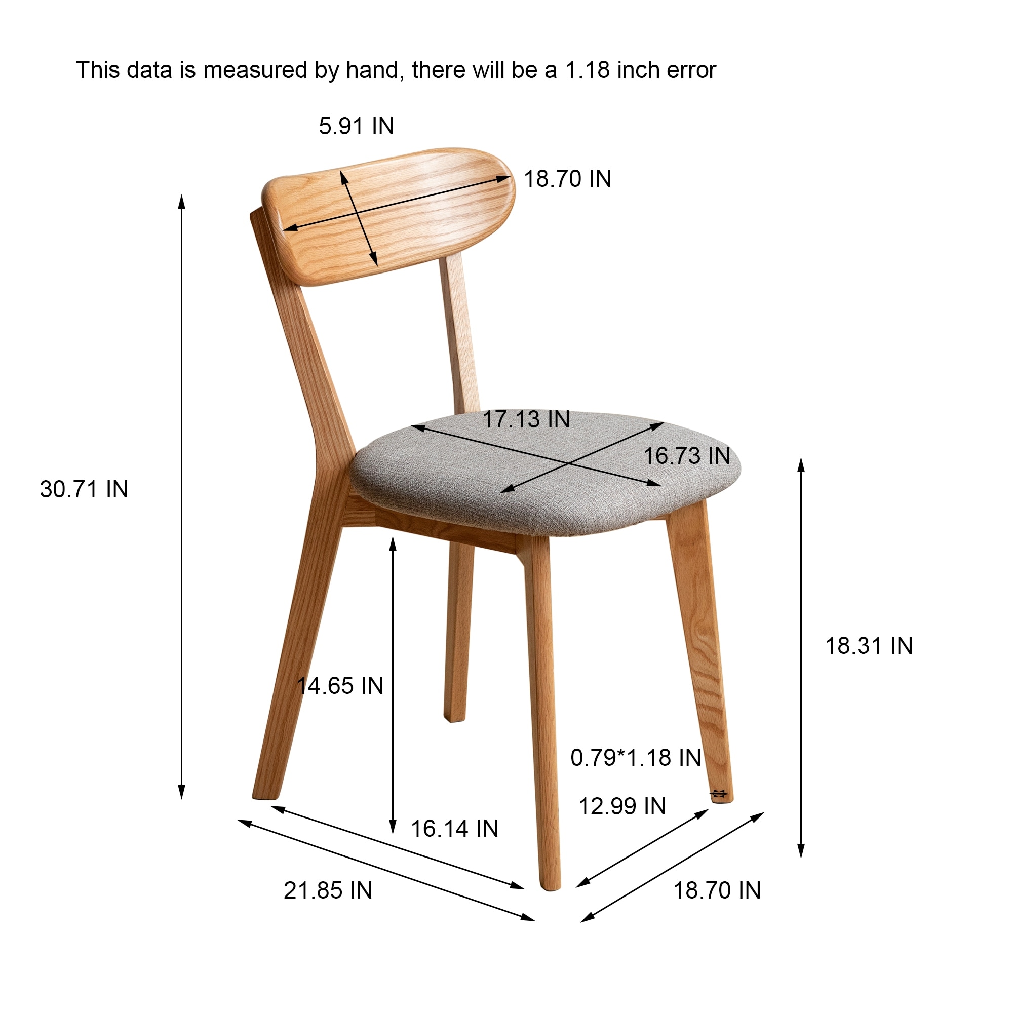 Solid Oak Wood Dining Chair with Upholstered Seat Curved Backrest