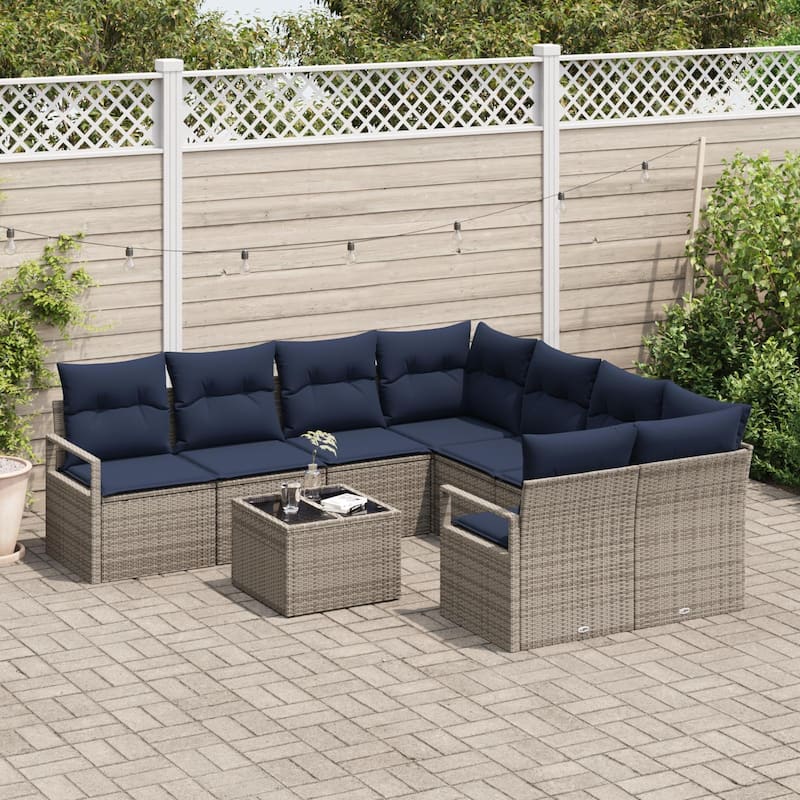 vidaXL 9 Garden Sofa Set with Cushions Black/Brown/Grey Poly Rattan - 91.3 x 92.1 x 27.2