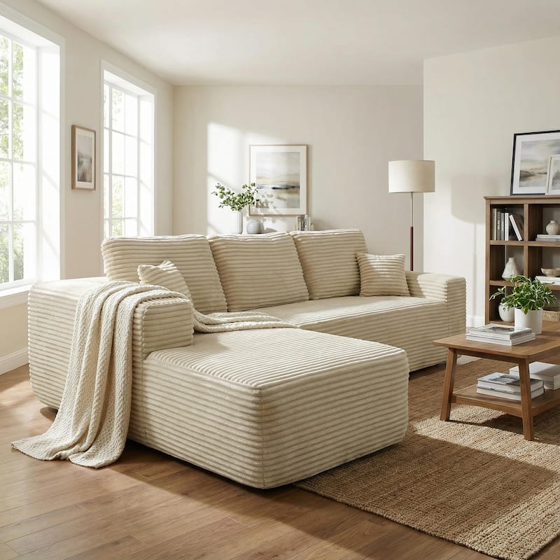 Homy Casa 105" Cloud Sectional Sofa with Chaise, Deep-Seat Modular Couch, No Assembly, Plush Corduroy - Beige - Foam