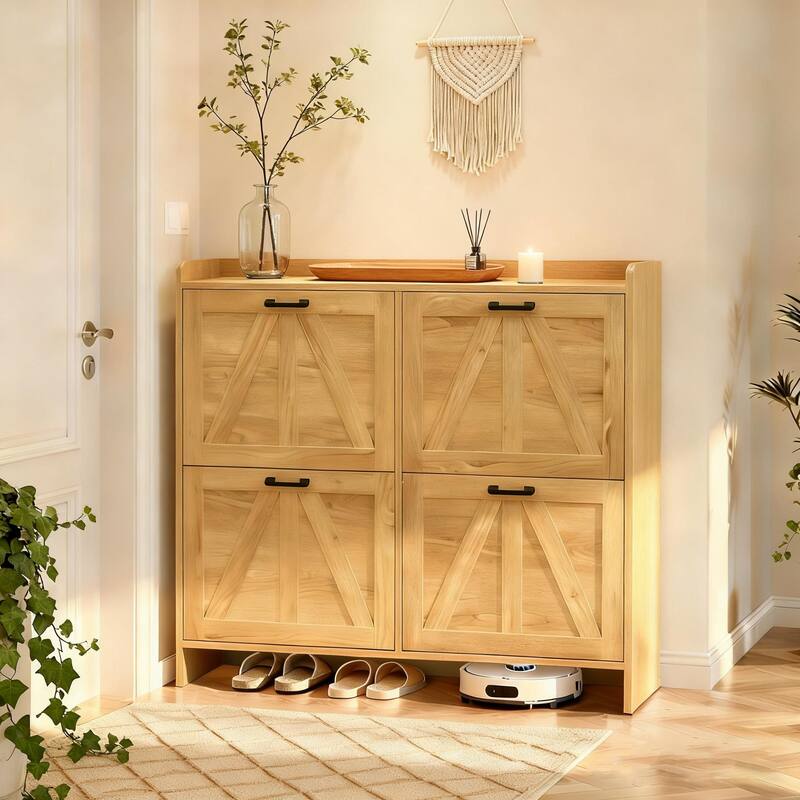Modern Fence Shoe Cabinet with 4 Flip Drawers, Sleek Space-Saving Entryway Organizer for Living Room