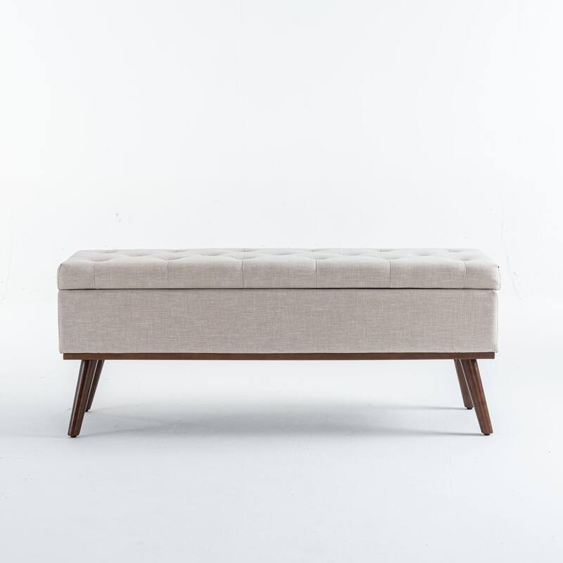 Linen Storage Ottoman Bench with Wood Legs, Upholstered Entryway Bench Tufted Mid Century Modern Ottoman Bedroom End of Bed