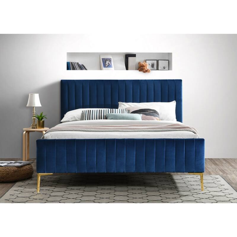 Omax Decor Julia Upholstered Platform Bed with Channel Tufted Headboard and Gold Legs
