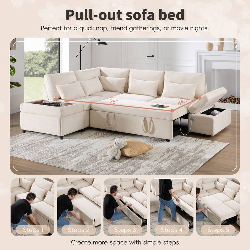Roomfitters Modular Pull-Out Sofa with Storage Ottoman, L-Shaped Oversized Chenille Sectional for Apartment