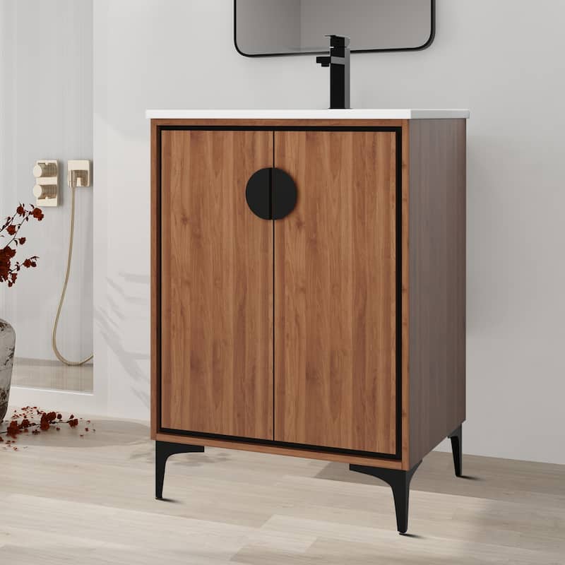 Minimalist Design Wooden Vanity with Ceramic Top Sink - Brown - 24.04''W x 18.3''D x 33.88''H