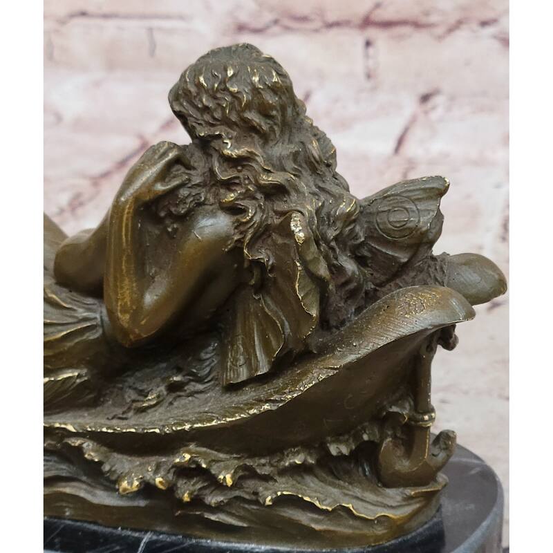 Bronze Fairy And Child In Swan Boat Sculpture On Marble Base