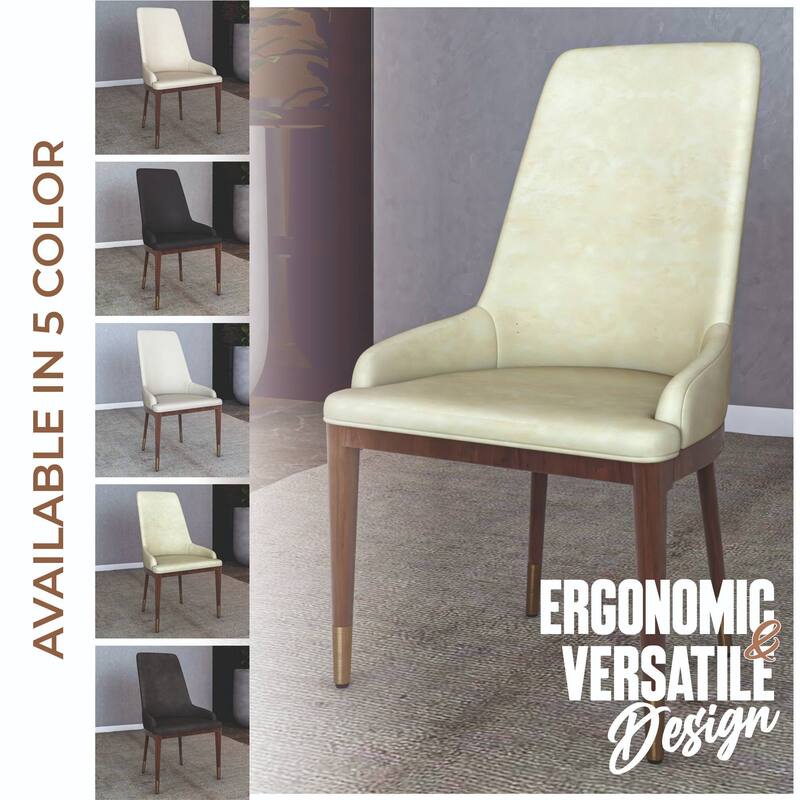 Dining Chair Upholstered in Leather with Rubberwood Frame Set of 2 Side Chair High Back and Gold Accent Legs