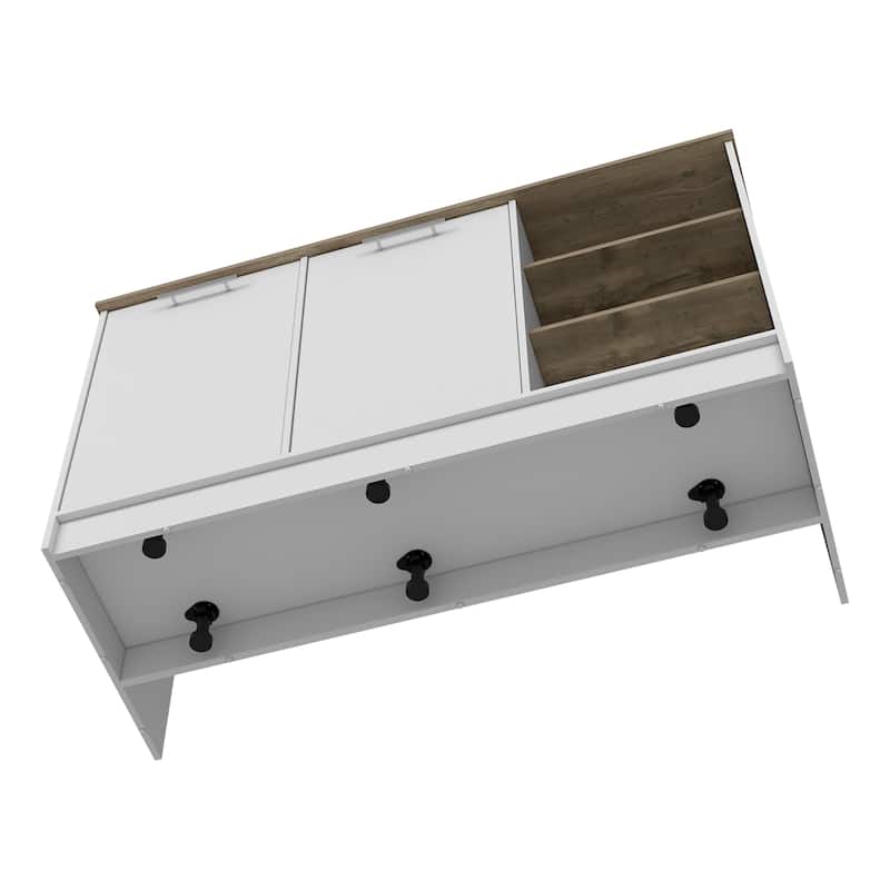 White/Dark Brown Kitchen Island with 3 Open Shelves, 2 Cabinets, Spacious Countertop
