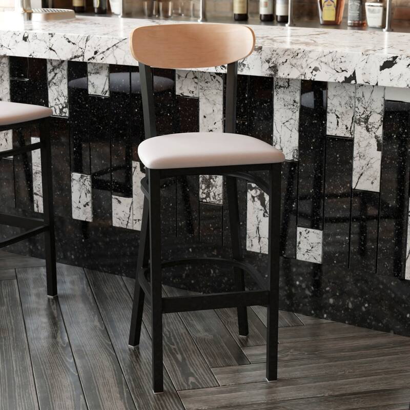 Commercial Metal Barstool with Wood Seat and Boomerang Back
