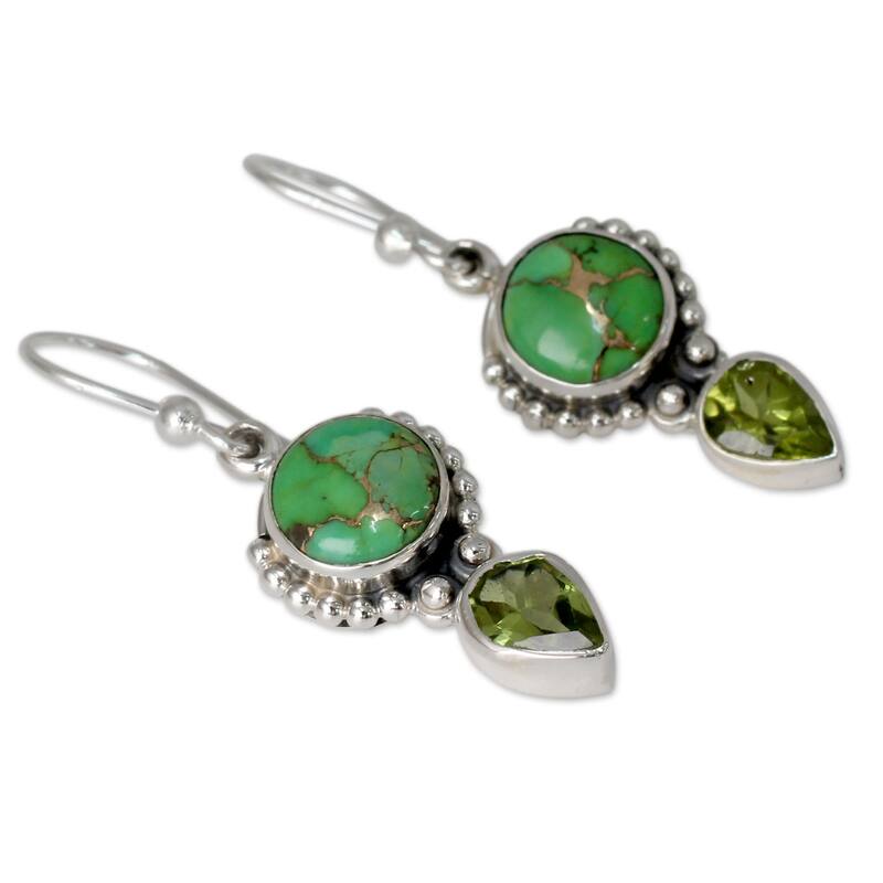 Handmade Sterling Silver Spring Green Peridot and Composite Turquoise Earrings (India) - 1.6*0.5