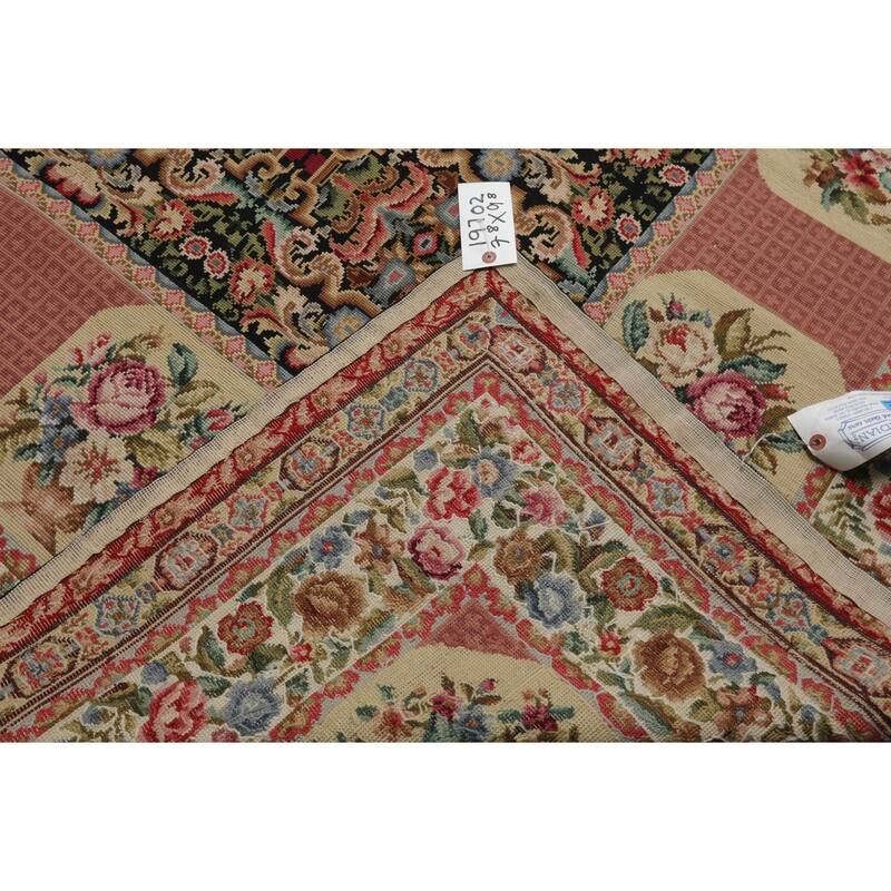 7'8''x9'8'' Hand Woven Wool Black Aubusson Needlepoint Floral Area Rug - 7' 8'' x 9' 8''