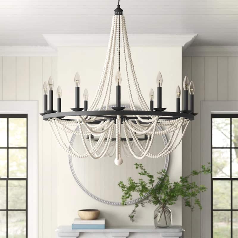 Fidenza 12-light Empire Farmhouse Solid Wood Beaded Chandelier with UL Certified - 37 inches - Aged Zinc & Ivory Wash