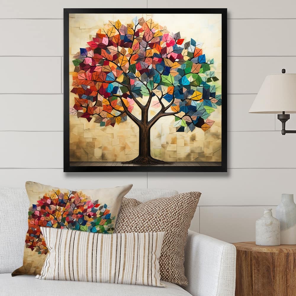 Designart "Colorful American Basswood Tree Harmony I" Tree Wall Decor Colorful Country Entryway Framed Wall Art Print