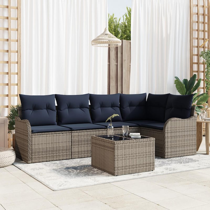 vidaXL 5/6 Garden Sofa Set with Cushions Black/Brown/Grey Poly Rattan - 91.5 x 48.2 x 27.2 - Grey with table