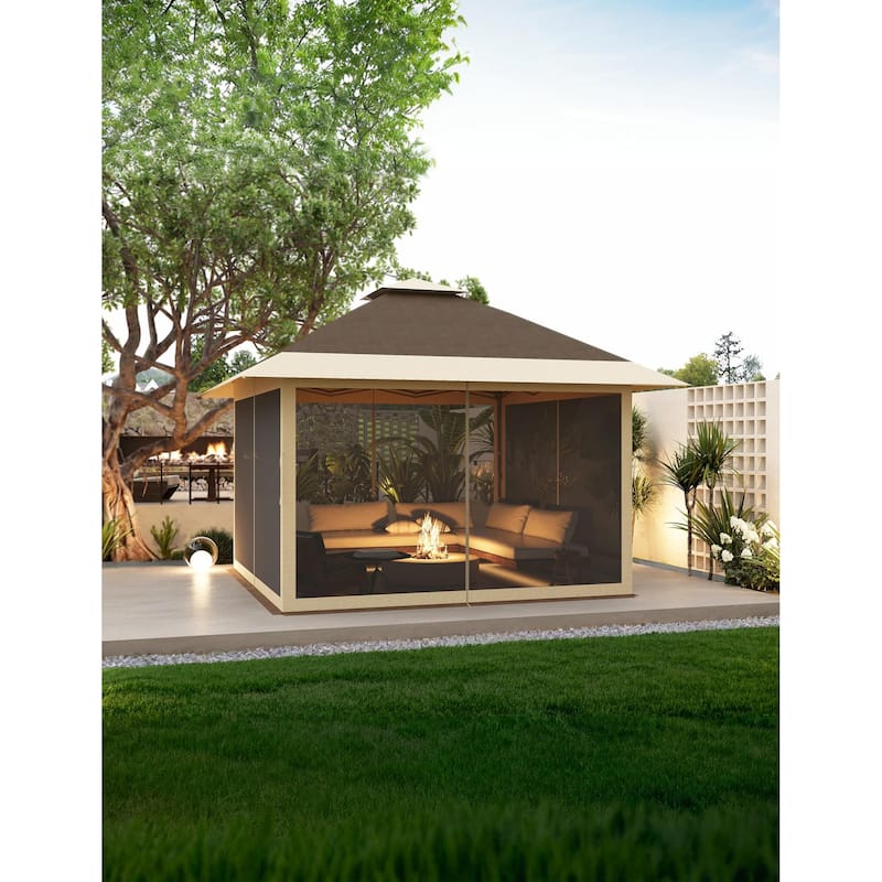 12' x 12' Outdoor Gazebo, Heavy Duty Double Roof Patio Gazebo with Netting and Curtains - Khaki