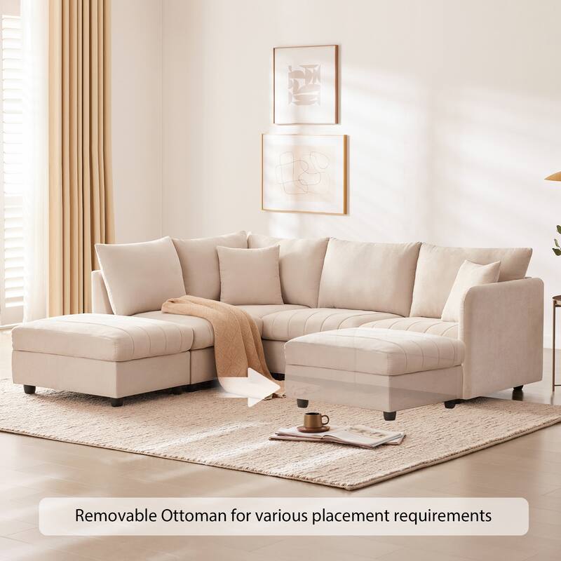 Modular L-Shaped Sectional Sofa with Movable Ottoman, 5 Seat Corner Couch with Throw Pillows, Comfy Cloud Upholstered Sofa