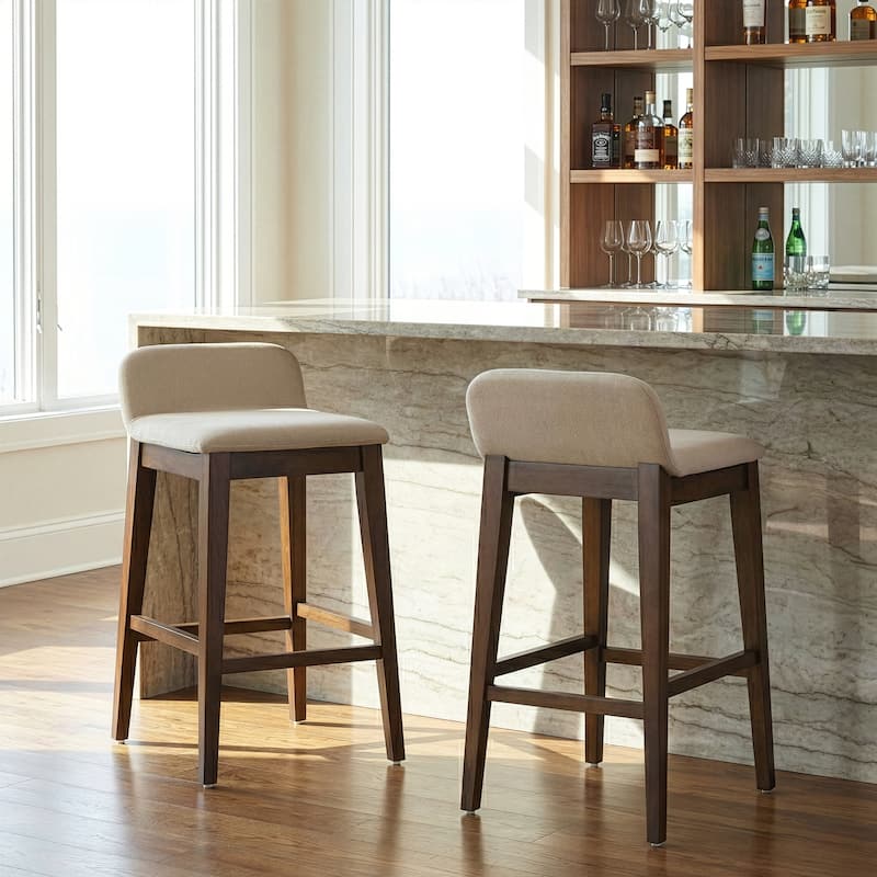 Set of 2 Atia Dark Brown Rubberwood Barstool with Low Back Fabric Seat