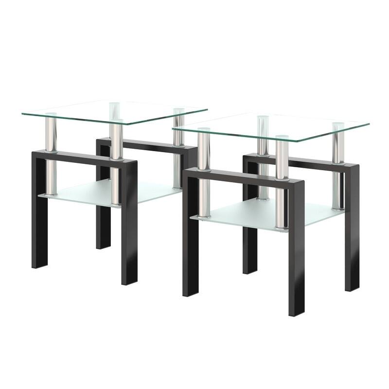Set of 2, Modern Tempered Glass Tea Table Coffee Table End Table, Square Table for Living Room