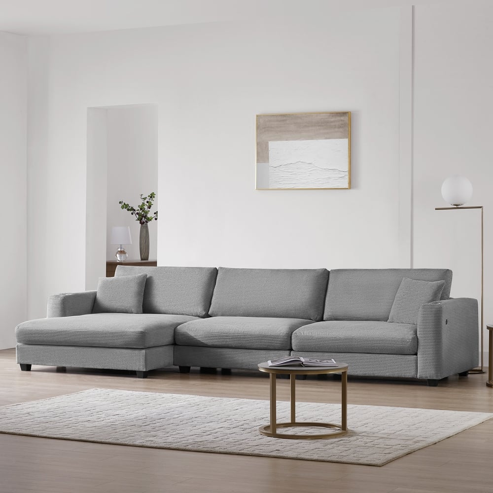 Oversized Corduroy Sectional Sofa,L-Shaped Cloud Couch with USB Charging Port,Cup Holder