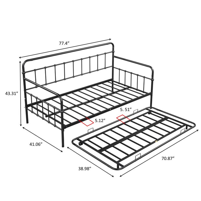 Metal Frame Daybed with trundle Build wih Sturdy Metal AntiNoise Design Flexible Extra Sleeping
