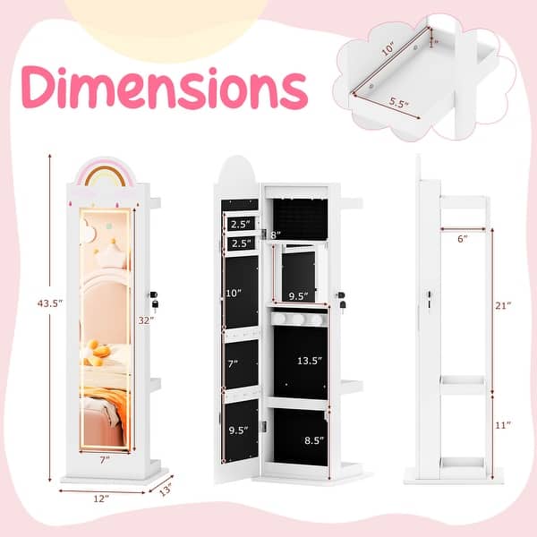 Gymax 3 In 1 Kids Jewelry Cabinet w/3-Color Lighted Full Length Mirror