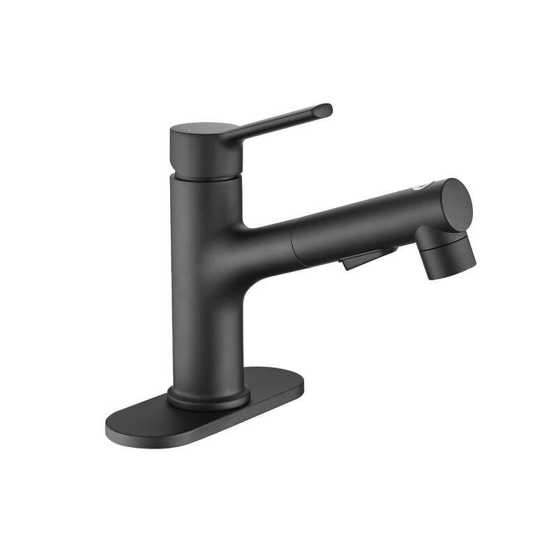 Bathroom Sink Faucet with Pull Out Sprayer, Single Handle Modern Bathroom Basin Faucet with Pop-up Sink Drain Stopper - Matte Black