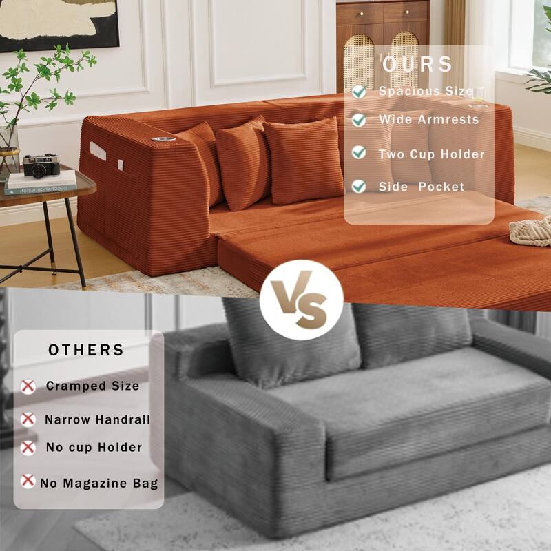 Modern Convertible Loveseat Sofa Bed, Corduroy Fabric Foldable Floor Couch w/5 Pillows, Side Pockets & Cup Holders, No Assembly