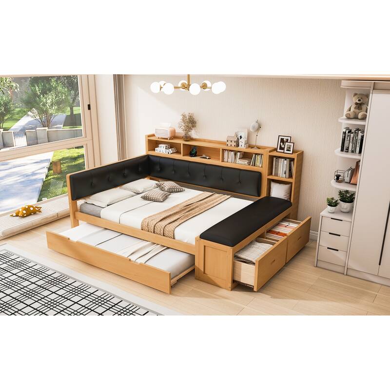 Roomfitters Full Wood Daybed with Trundle, Storage Shelves and Side Bench