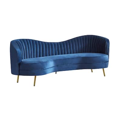 Chad 84 Inch Curved Bean Sofa, Tufted, Camelback, Gold, Royal Blue Velvet
