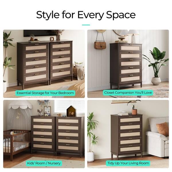 Rattan Dresser with 5 Drawers, 46 Inch Tall Chest, Mid Century Modern Design, TV Stand with Metal Handle, Walnut - Bed Bath & Beyond - 43618237 Rattan Dresser with 5 Drawers, 46 Inch Tall Chest, Mid Century Modern Design, TV Stand with Metal Handle, Walnut - Bed Bath & Beyond - 43618237