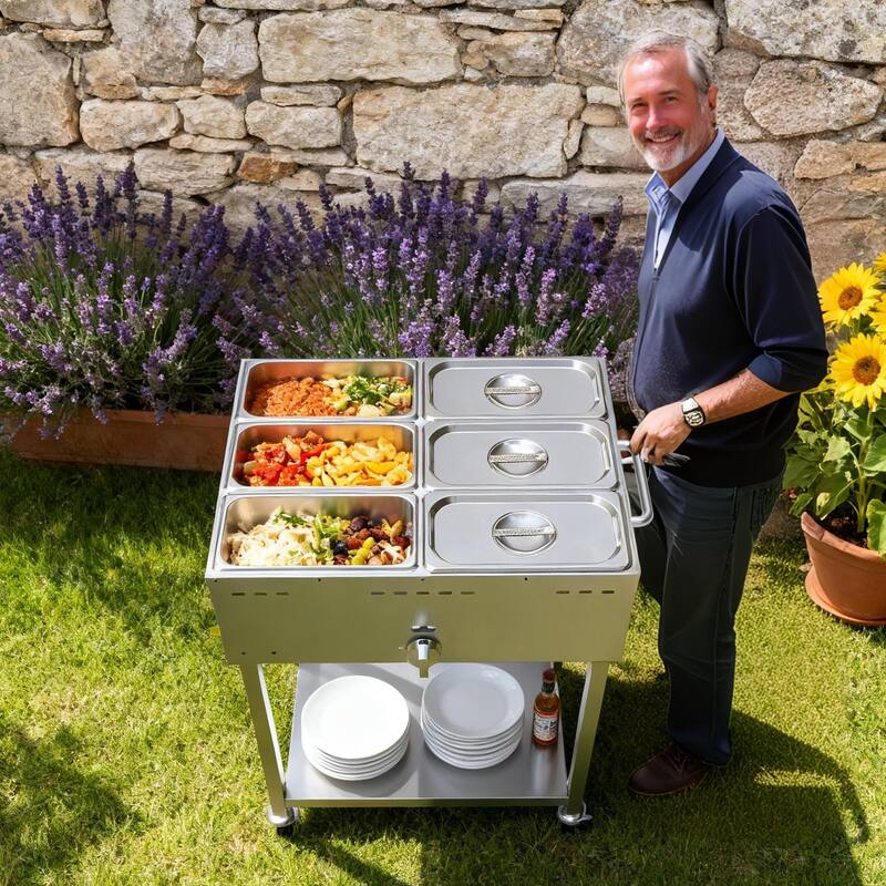 Outdoor Mobility This propane food warmer hasfour3"lockable wheels for easy movement&stability plus a metal push handle. - Silver