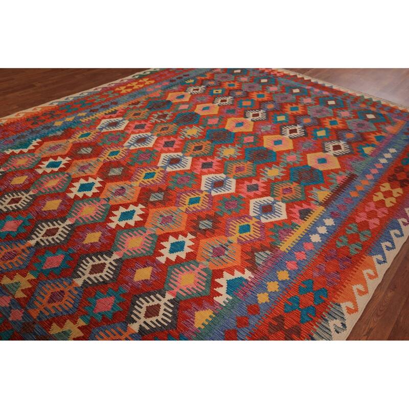 Reversible Kilim Area Rug Flatweave Geometric Wool Carpet - 8'7" x 11'4"