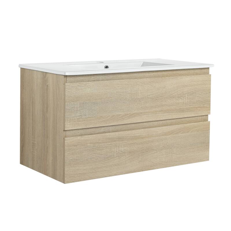 36" Wall-Mounted Bathroom Vanity With Ceramic Sink, 2-Soft Close Drawers