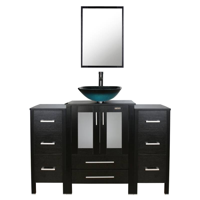 48" Bathroom Vanity Set Vessel Sink Mirror Faucet W/ Small Cabinet Combo - turquoise square sink - Black