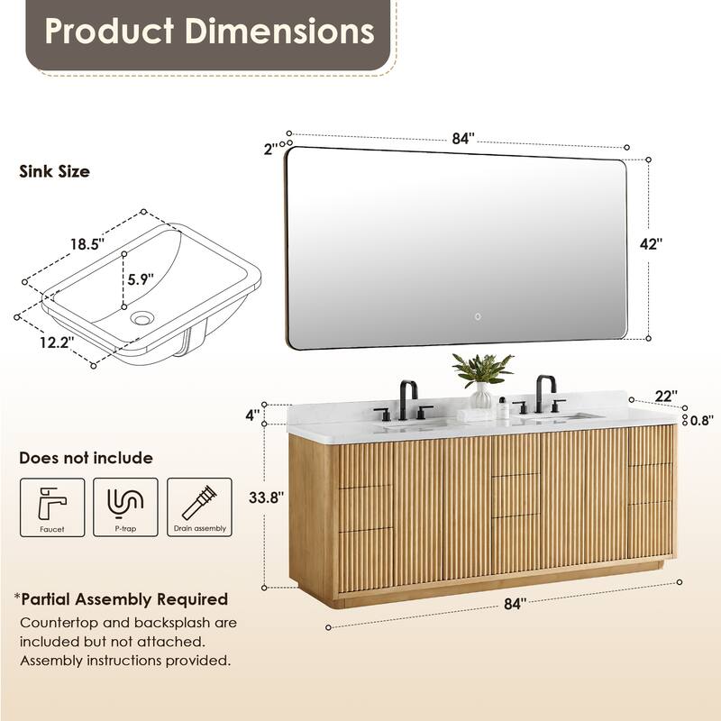 Clayton Bathroom Vanity in Washed Light Brown with Grain White Engineered Stone Countertop with Mirror