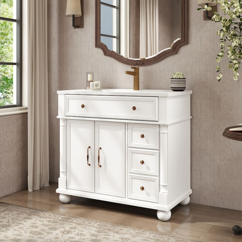 28"/36" Bathroom Vanity with Sink, Integrated Ceramic Basin Vanity Cabinet with Roman Column Base, Solid Wood Frame