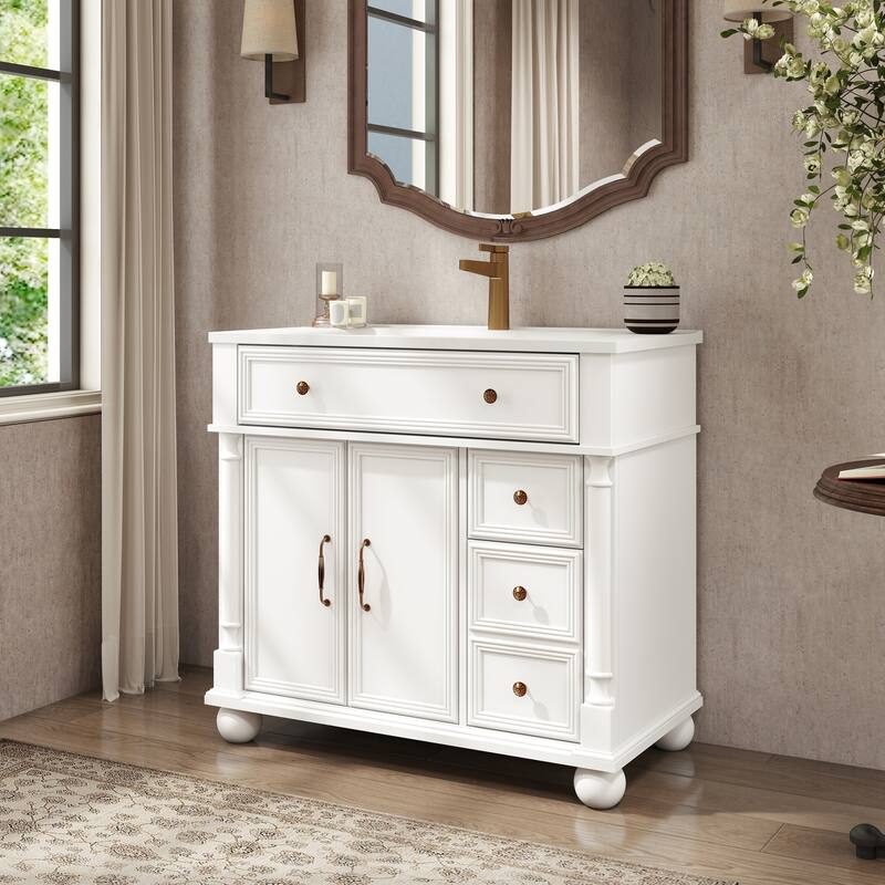 28-36 inch Transitional Single Bathroom Vanity with Ceramic Sink - White - 35.6''