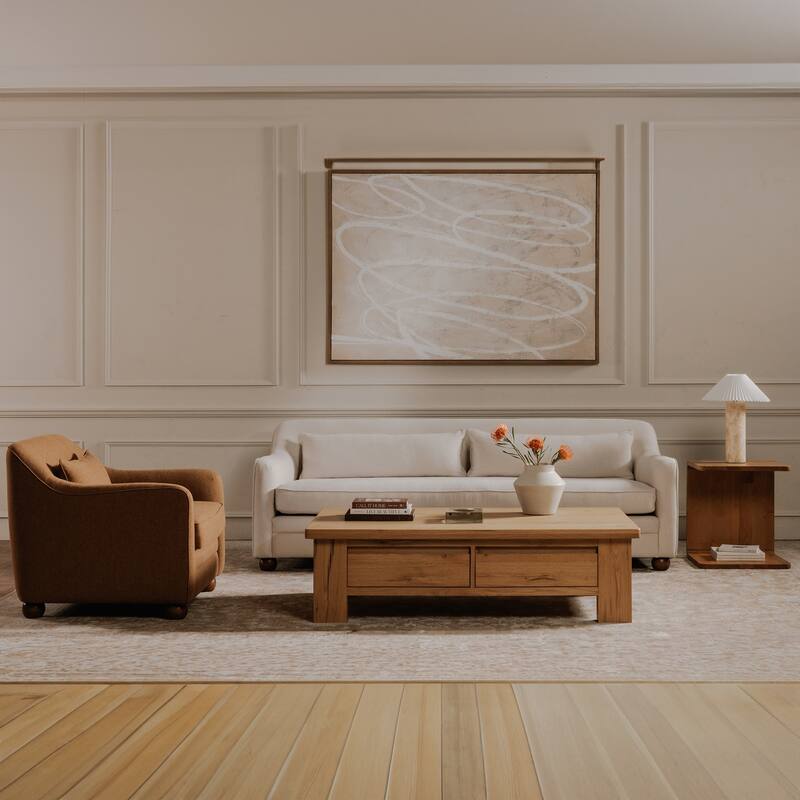 NADAAL STUDIOS Mareth Coffee Table, Rectangular Rustic Oak Top with Rounded Edge, Solid Oak Legs Dual-Sided Drawers, Natural