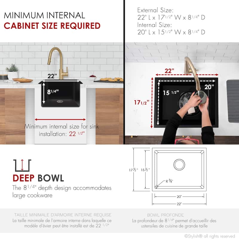 STYLISH Dual Mount 22" Single Bowl Composite Granite Kitchen Sink - 22" x 17.5" x 8.25"