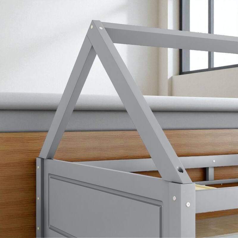 Twin over Twin House Bunk Bed with Roof Frame, Guardrails, Ladder and Headboards, Rubber Wood Kids Floor Bed