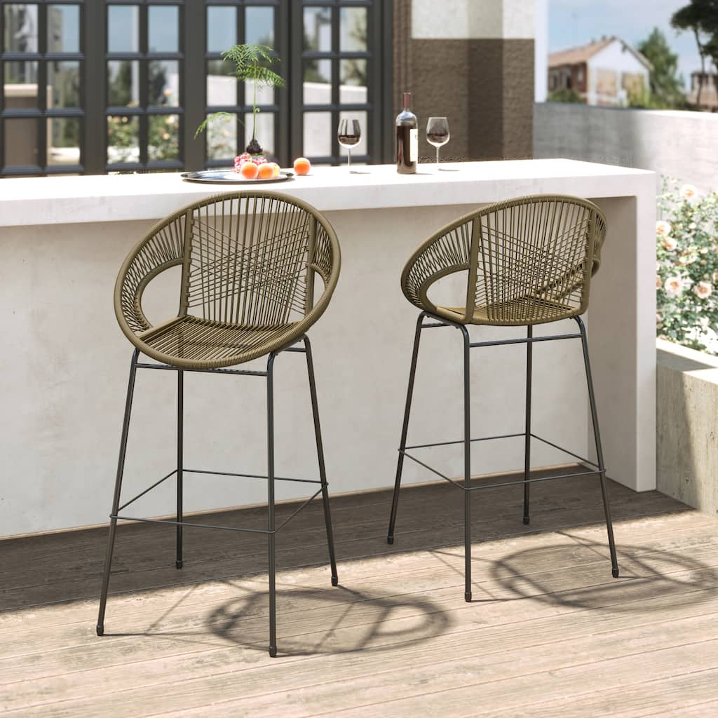 Ferrara Outdoor Patio Green Faux Wicker Barstool, Set of 2